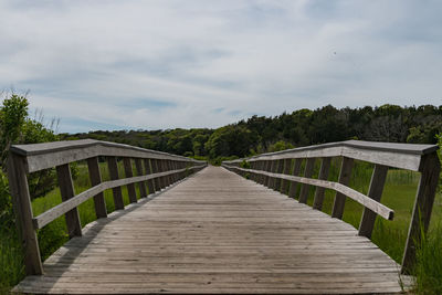 Wooden footbridge along plants and trees against sky