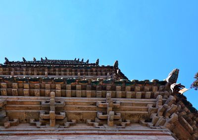 Low angle view of building against clear blue sky