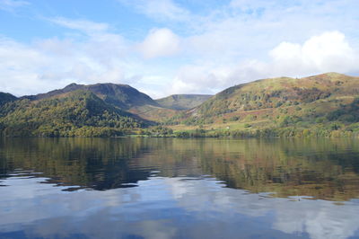 Calm lake against mountains and sky