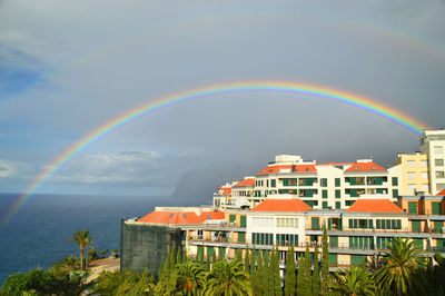 Scenic view of rainbow over buildings against sky