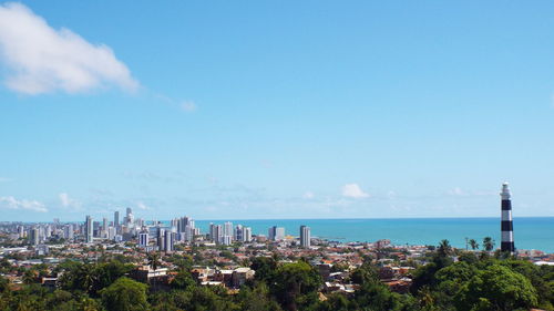 Scenic view of sea and buildings against sky