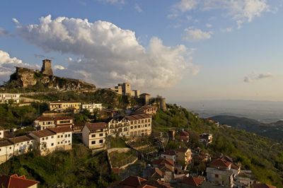 High angle shot of townscape against sky