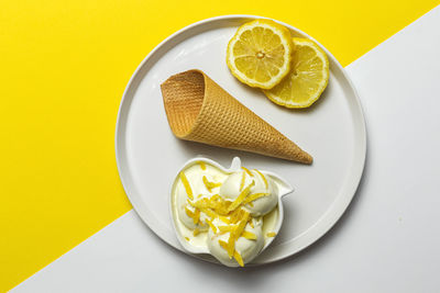 High angle view of dessert in plate on table