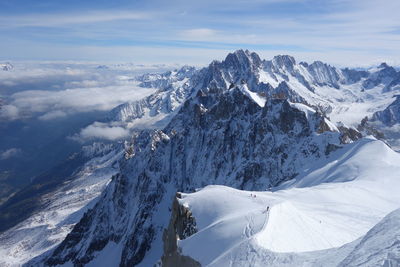 Scenic view of snow covered mountains against sky