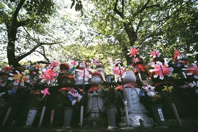 Group of people on pink flowers against trees