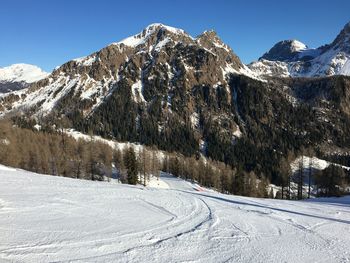 Scenic view of snow covered mountains against sky