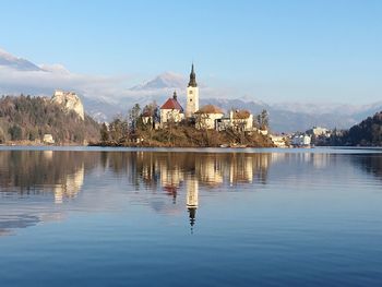 Reflection of buildings in lake