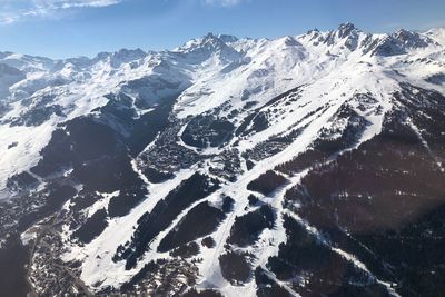 Scenic view of snow covered mountains against sky