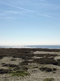 Scenic view of sea against clear blue sky