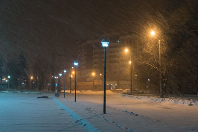 Illuminated street lights during winter at night