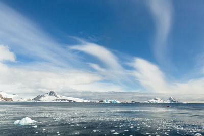 Scenic view of sea by snowcapped mountain against sky