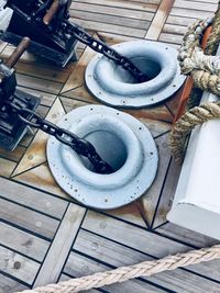 High angle view of chain metal chains on boat deck