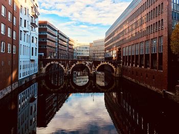 Bridge over canal amidst buildings against sky in city