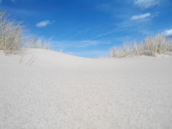 Scenic view of snow covered land against blue sky