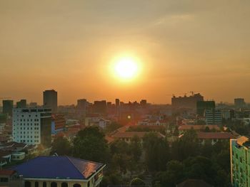 High angle view of cityscape at sunset