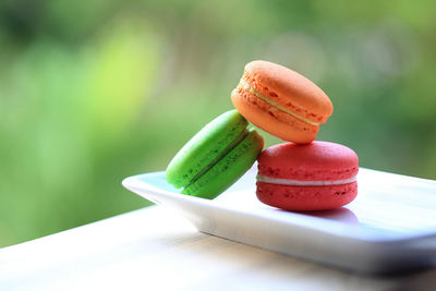Close-up of colorful macaroons in plate on table