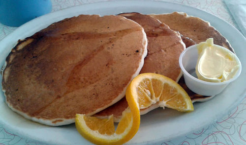 High angle view of breakfast served on table