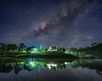 Scenic view of lake against sky at night
