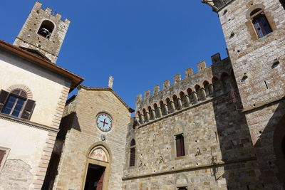 Low angle view of historic building against clear blue sky