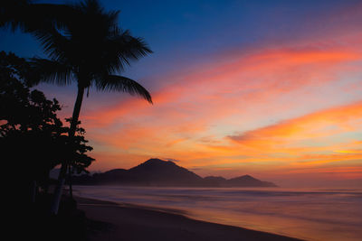 Silhouette palm trees on beach against romantic sky at sunset