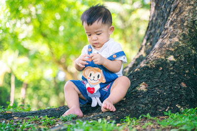 Cute baby boy sitting on grass