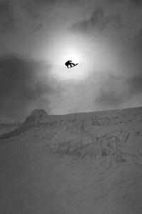 Low angle view of bird flying over desert against sky