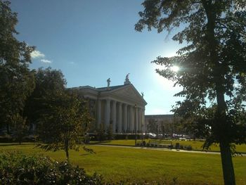Built structure with lawn in foreground