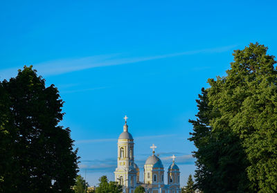 View of trees and buildings against blue sky