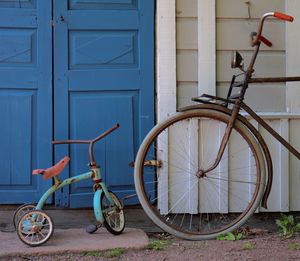 Side view of bicycle against the wall