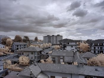 High angle view of buildings against sky
