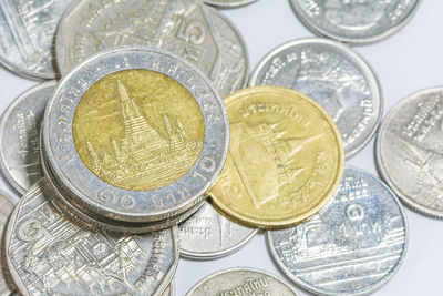 Close-up of coins on table