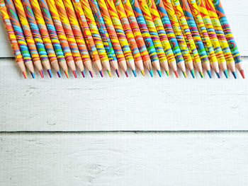 Directly above shot of multi colored toys on table