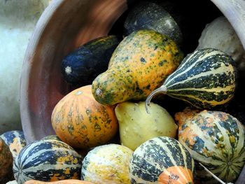 High angle view of pumpkins for sale in market