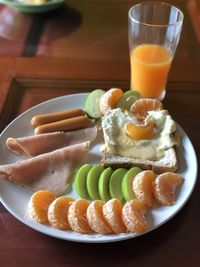 High angle view of breakfast served on table