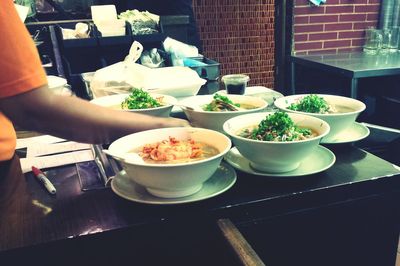 High angle view of food served on table