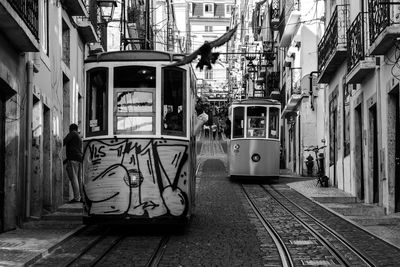 Train on railroad tracks in city