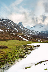 Scenic view of snowcapped mountains against sky