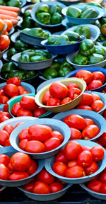 High angle view of fruits and vegetables on tomatoes