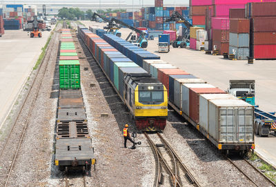 High angle view of train at railroad station