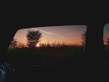 Silhouette trees seen through car window during sunset