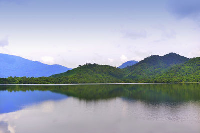 Scenic view of lake and mountains against sky