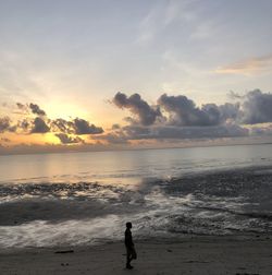 Silhouette people standing on beach against sky during sunset