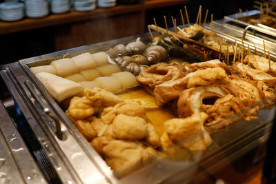 High angle view of oden-japanese food- in container on table