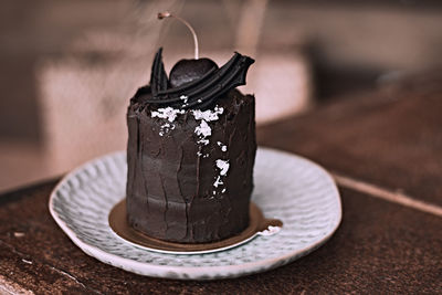 Close-up of chocolate cake on table