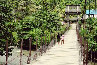 Rear view of children walking on footbridge amidst trees in park