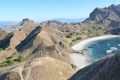 Scenic view of sea and mountains against clear sky