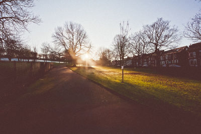 Road by bare trees and buildings against sky