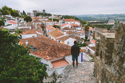 Rear view of man and buildings against sky