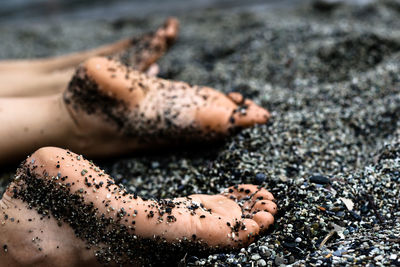 Close-up of barefoot on pebble beach