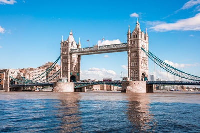 Iconic tower bridge view connecting london with southwark over thames river, uk.